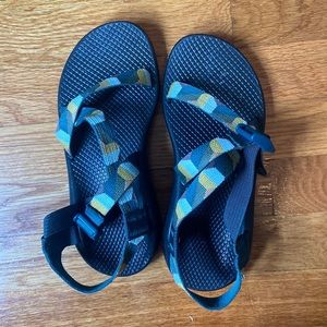 Blue and yellow dotted Chacos